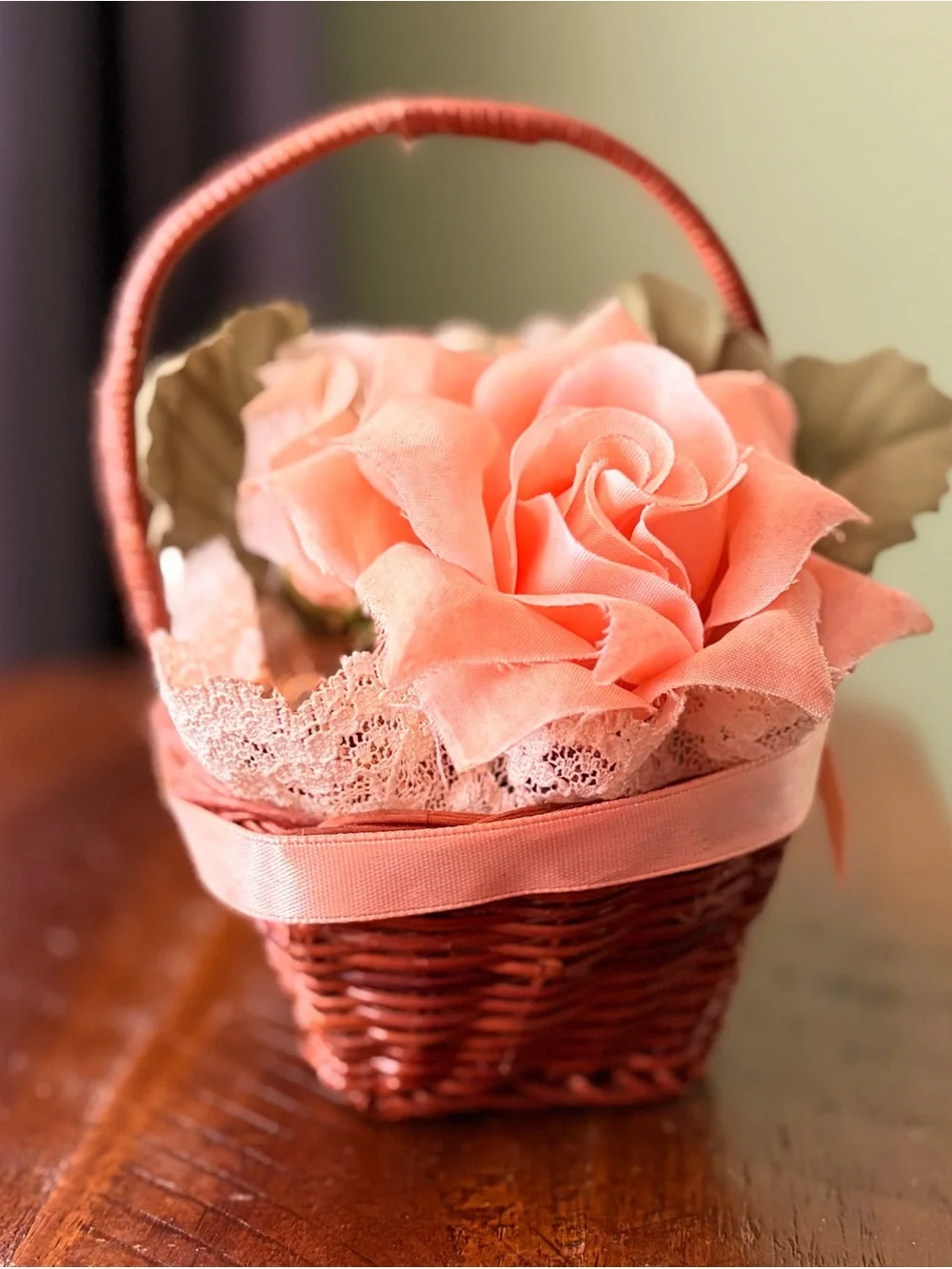 Vintage Handmade Peach Ribbon Wicker Basket with Floral Accent